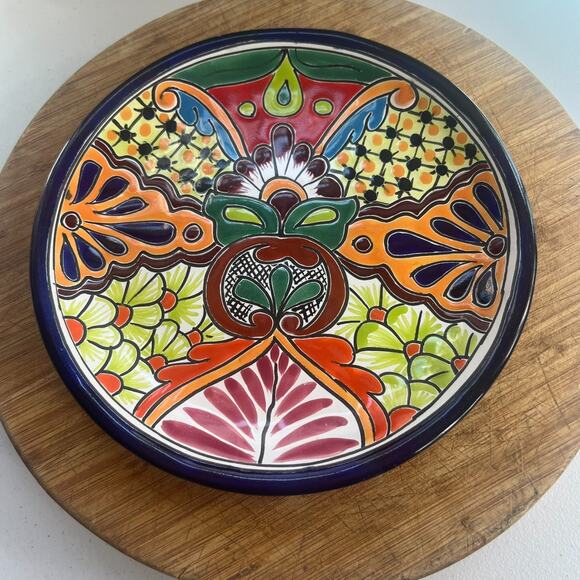 Hand- Painted Plate 10" Colorful Geometric Made in Mexico Colorful Folk Art - Picture 1 of 5